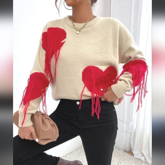 Romwe Heart Pattern Fringe Trim Drop Shoulder Sweater Sz Small - Picture 12 of 13